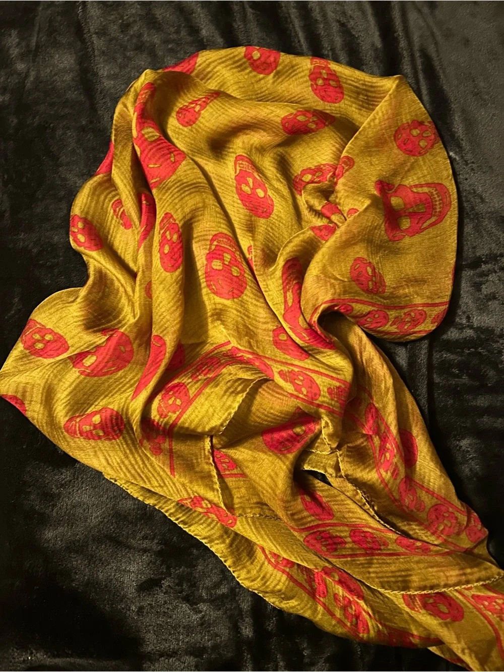 Alexander McQueen Mustard Yellow Scarf with Red Skull Print
